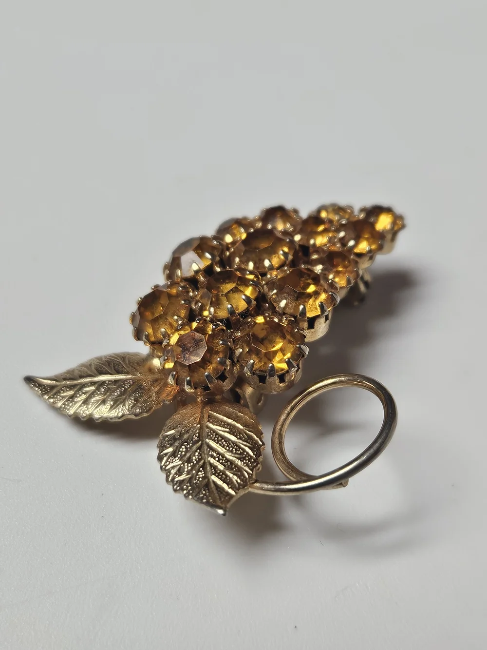 1950s Golden Amber Crystal Leaf Brooch Pin